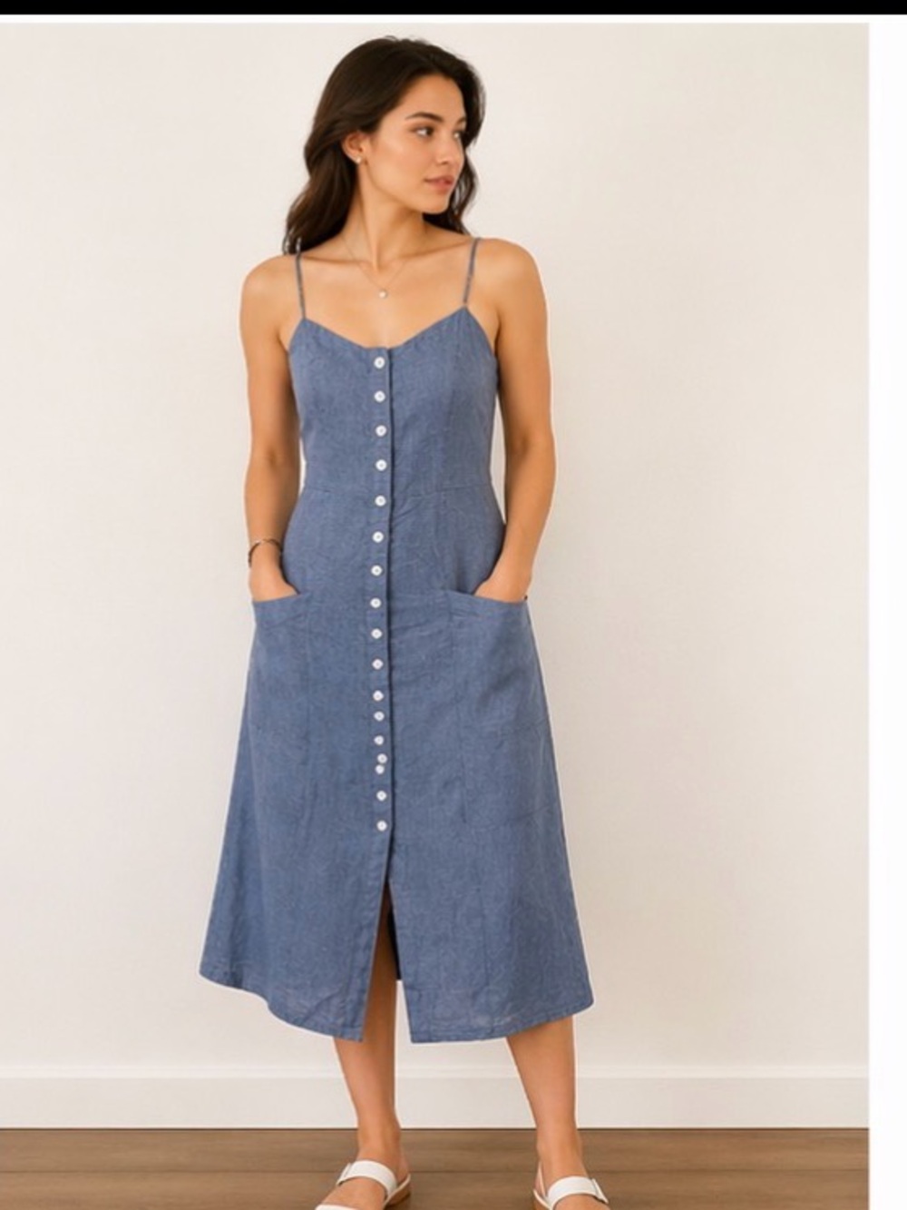 Alumina 100% Linen Button
Front Dress Blue Midi Cottagecore coastal Minimal Sz S